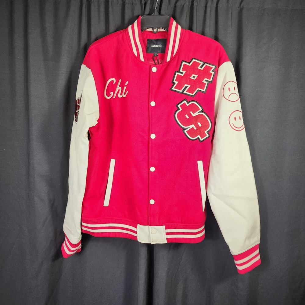 Fashion Nova Men Red White Chicago Windy City Varsity Bomber Jacket M Sporty